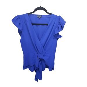 Bella Dreams Womens Sz S Blue Solid Cap Sleeve Blouse